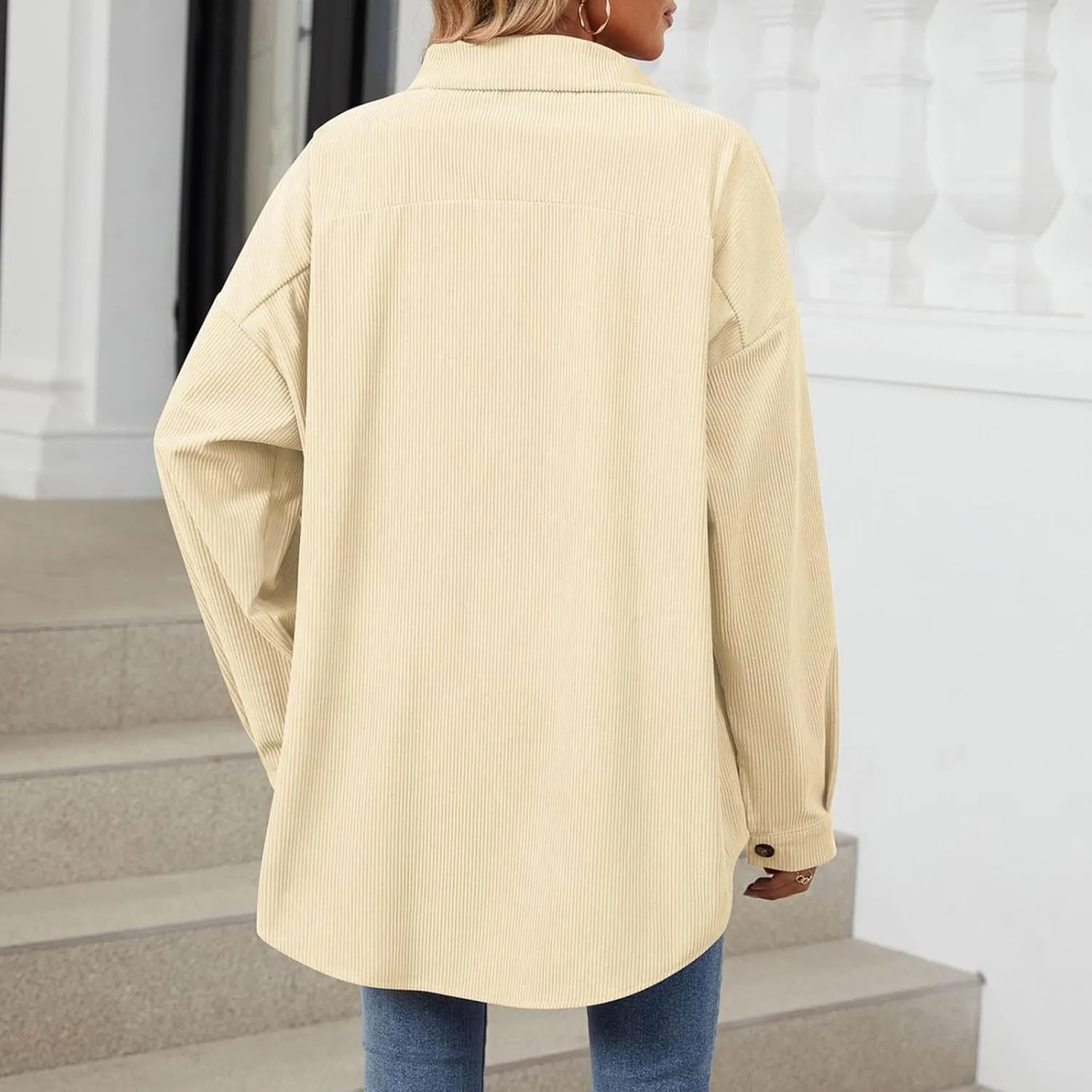 Women's Casual Jacket Loose Fit Long Sleeve Button Down Shirt Shacket Tops Turn-Down Collar Boyfriend Style Coats