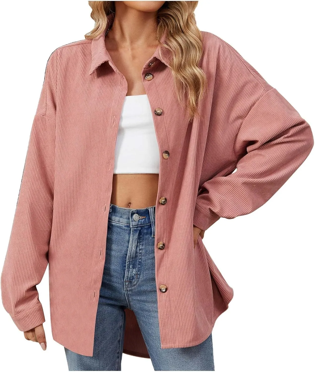 Women's Casual Jacket Loose Fit Long Sleeve Button Down Shirt Shacket Tops Turn-Down Collar Boyfriend Style Coats