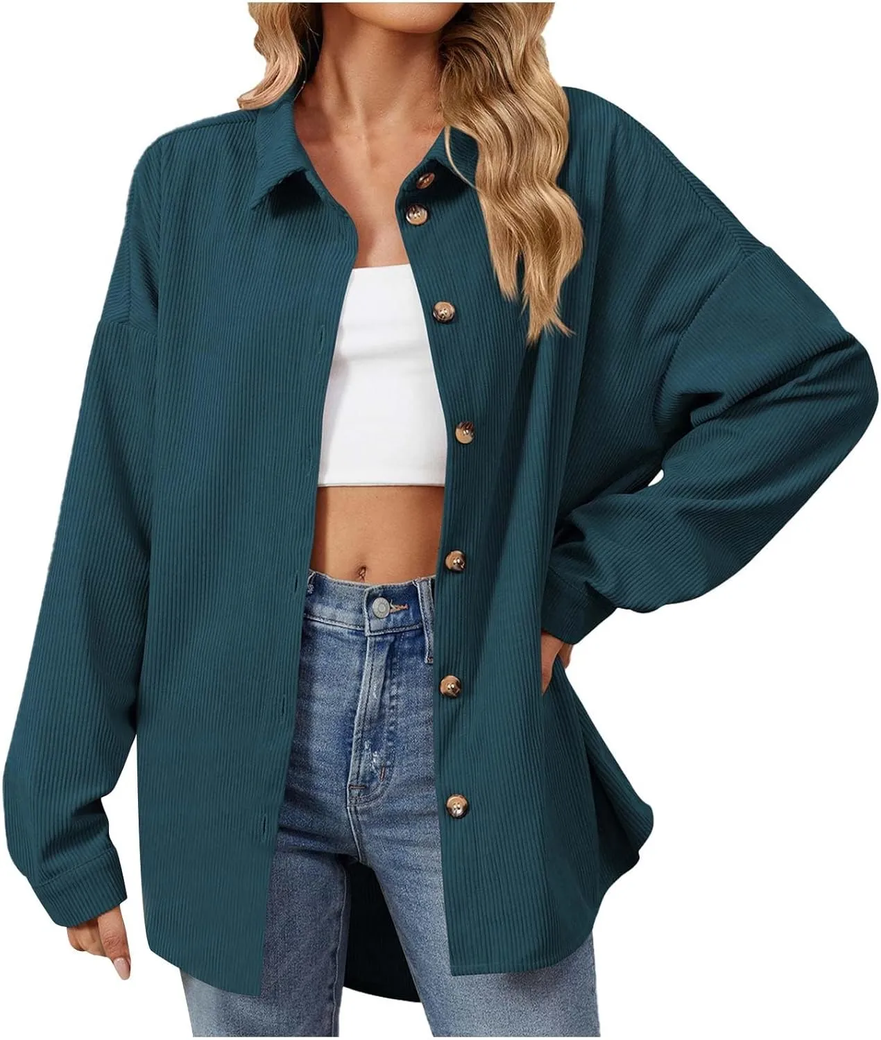 Women's Casual Jacket Loose Fit Long Sleeve Button Down Shirt Shacket Tops Turn-Down Collar Boyfriend Style Coats