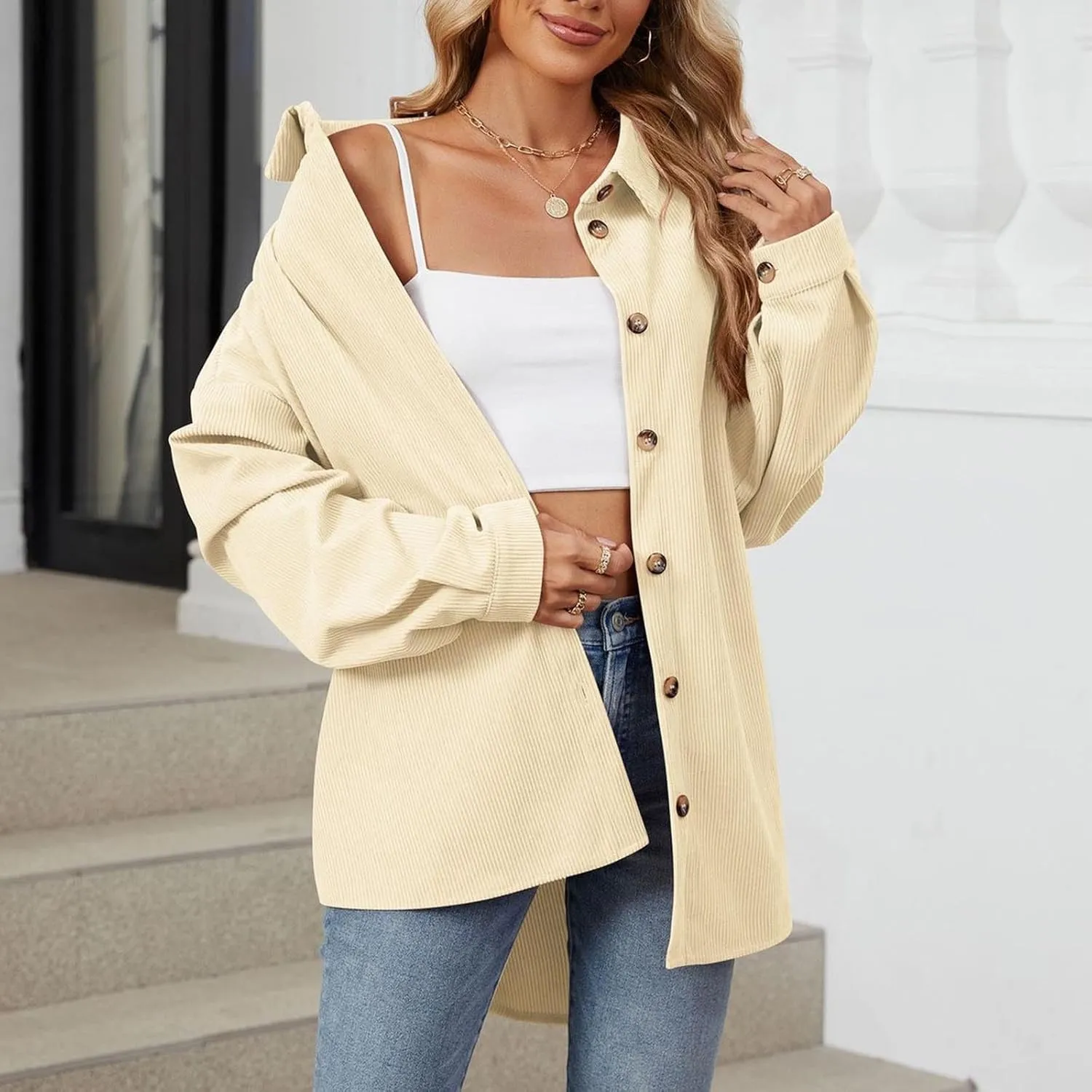 Women's Casual Jacket Loose Fit Long Sleeve Button Down Shirt Shacket Tops Turn-Down Collar Boyfriend Style Coats