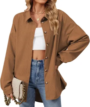 Women's Casual Jacket Loose Fit Long Sleeve Button Down Shirt Shacket Tops Turn-Down Collar Boyfriend Style Coats