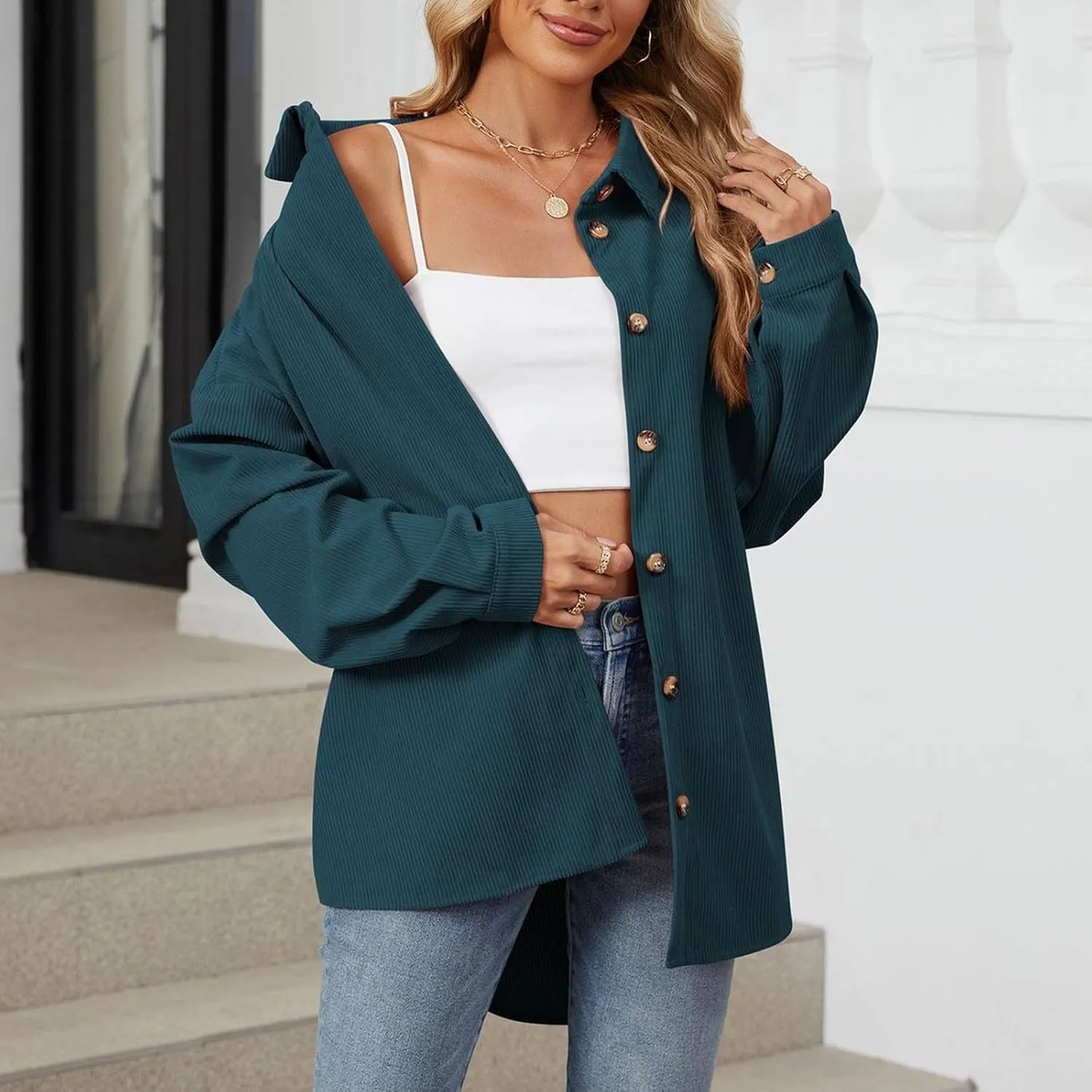 Women's Casual Jacket Loose Fit Long Sleeve Button Down Shirt Shacket Tops Turn-Down Collar Boyfriend Style Coats