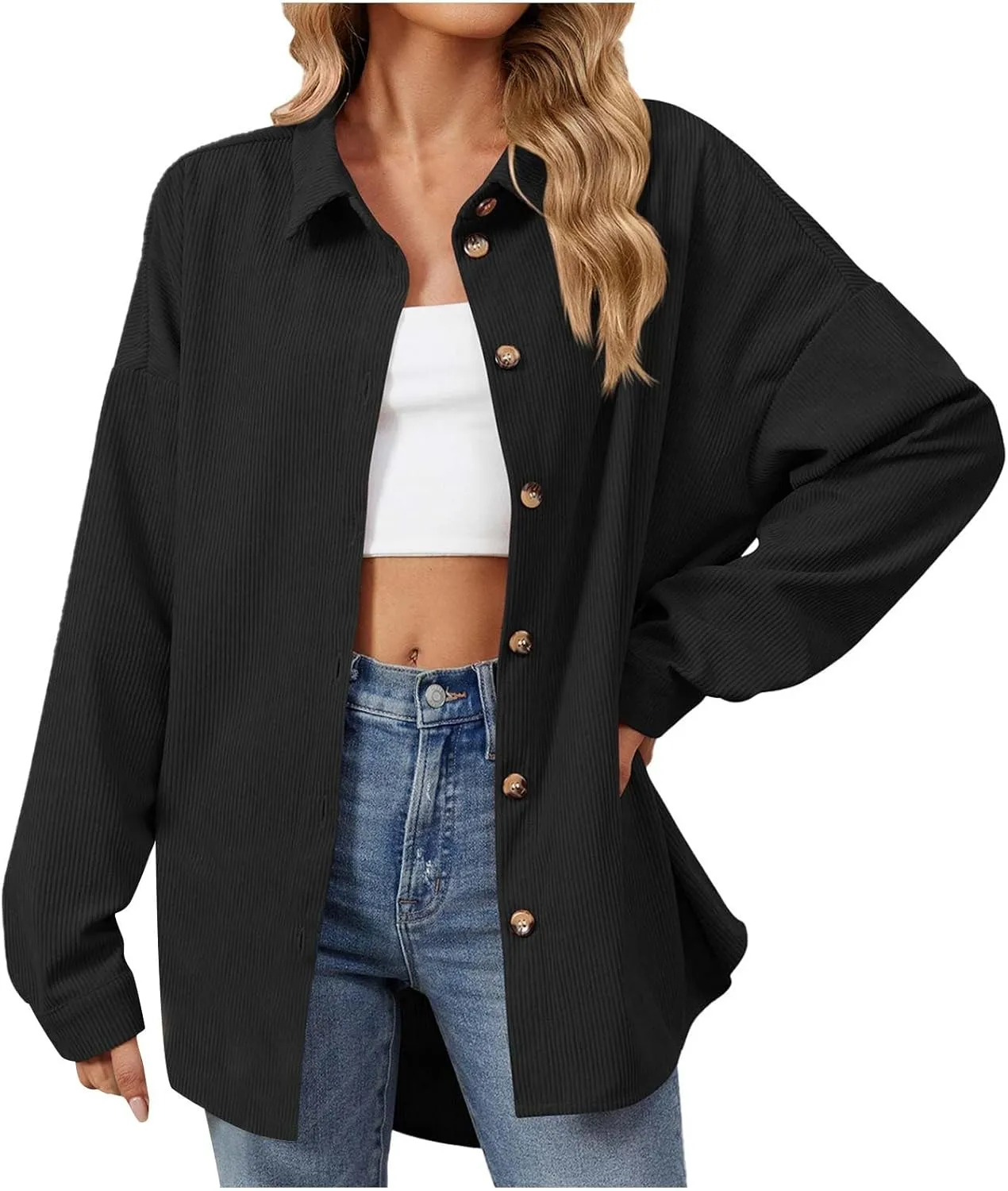 Women's Casual Jacket Loose Fit Long Sleeve Button Down Shirt Shacket Tops Turn-Down Collar Boyfriend Style Coats