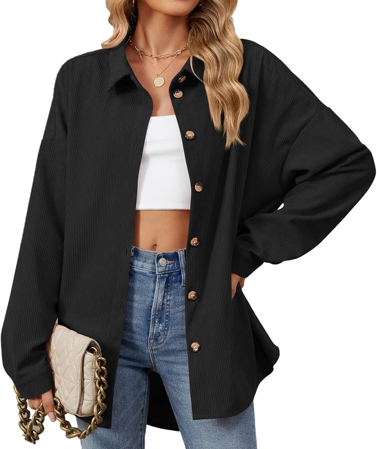 Women's Casual Jacket Loose Fit Long Sleeve Button Down Shirt Shacket Tops Turn-Down Collar Boyfriend Style Coats