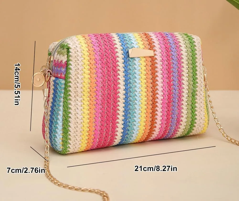 Womens Colorful Straw Shoulder Crossbody Bag Summer Beach Woven Bag Rainbow Tote Clutch Camera Purse with Chain