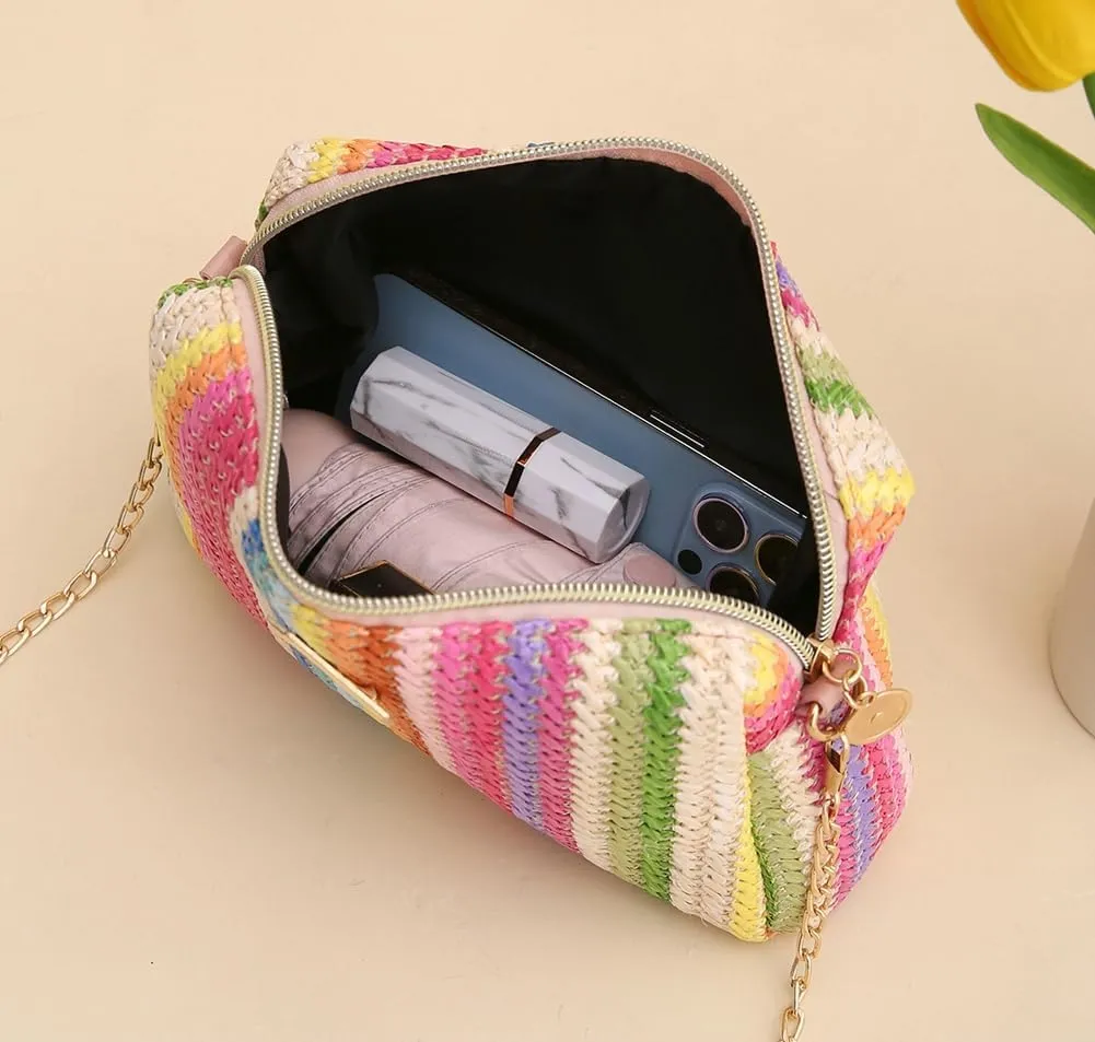 Womens Colorful Straw Shoulder Crossbody Bag Summer Beach Woven Bag Rainbow Tote Clutch Camera Purse with Chain
