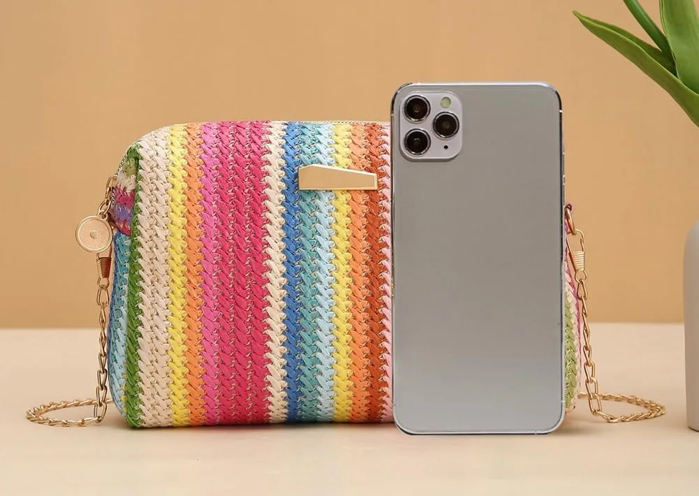 Womens Colorful Straw Shoulder Crossbody Bag Summer Beach Woven Bag Rainbow Tote Clutch Camera Purse with Chain