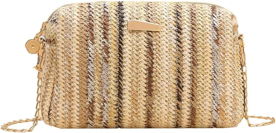 Womens Colorful Straw Shoulder Crossbody Bag Summer Beach Woven Bag Rainbow Tote Clutch Camera Purse with Chain