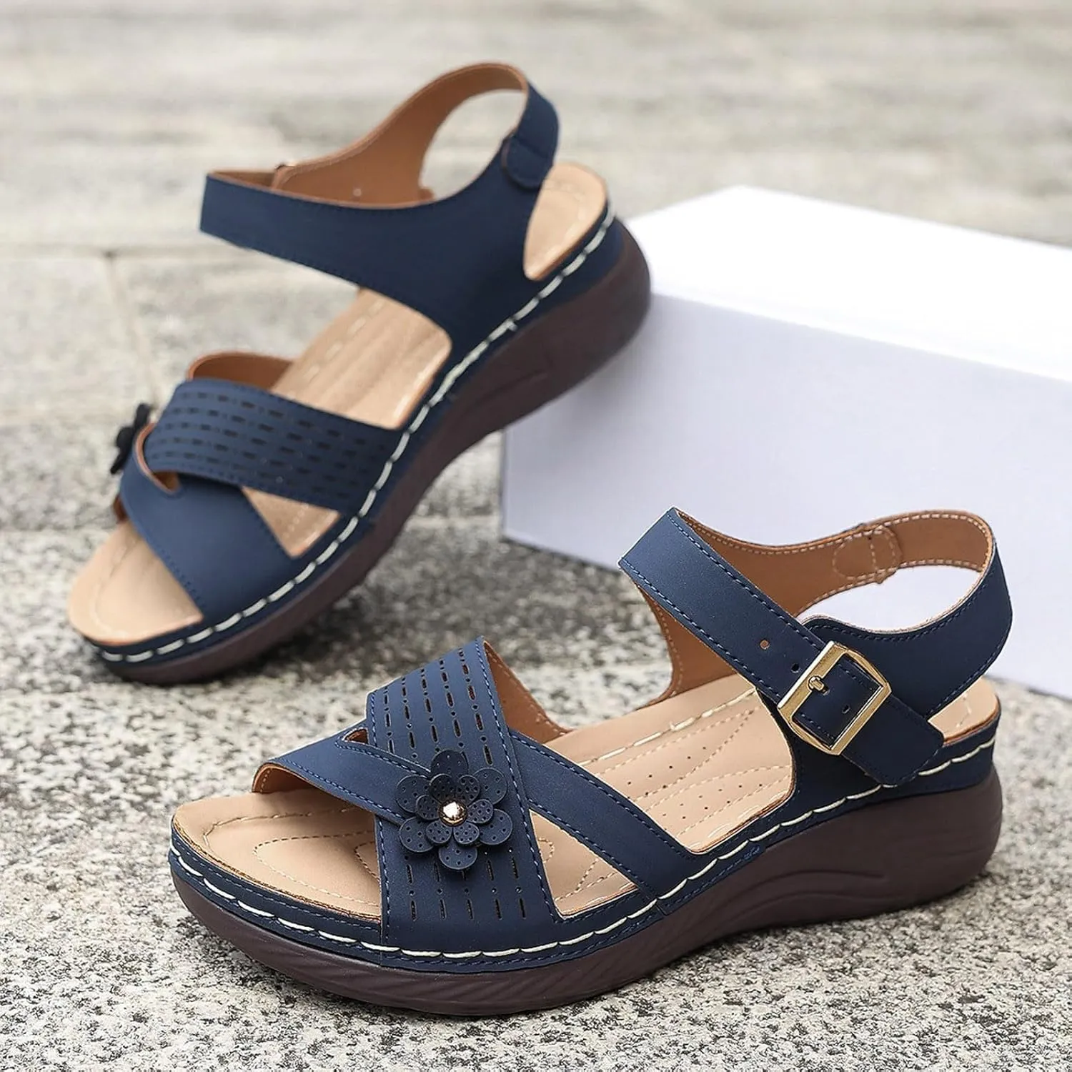 Womens Comfortable Sandals Open Toe Hollow Flower Wedge Orthopedic Flat Sandals for Women Dressy Non Slip Summer Walking Shoes Casual Breathable Shoes Orthotic Sandal