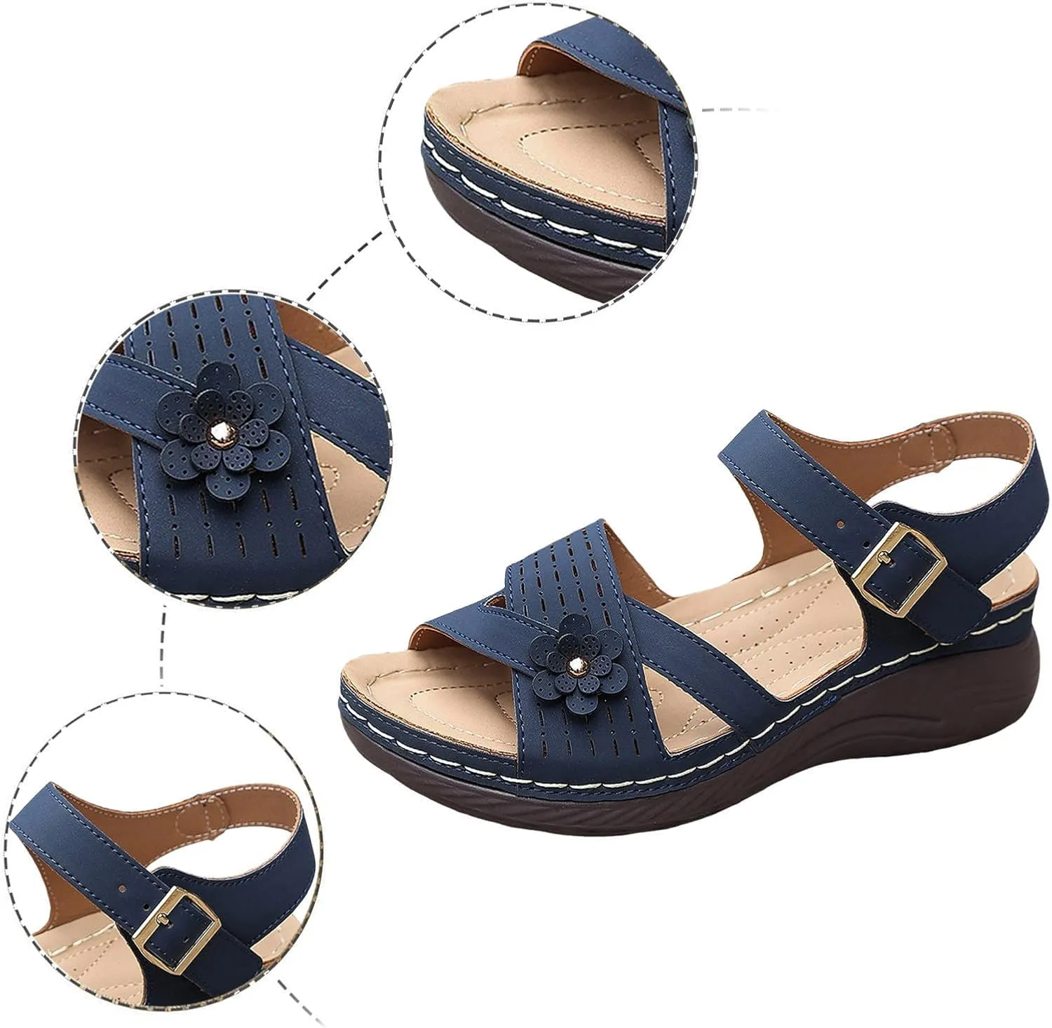 Womens Comfortable Sandals Open Toe Hollow Flower Wedge Orthopedic Flat Sandals for Women Dressy Non Slip Summer Walking Shoes Casual Breathable Shoes Orthotic Sandal