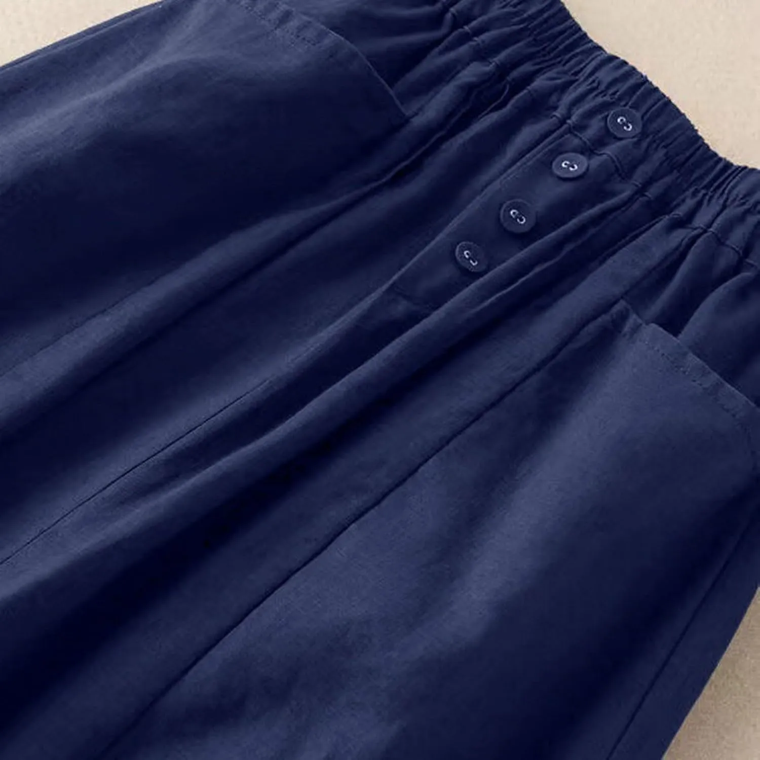 Women's Cotton Linen Skirts Elastic High Waist Button Pleated Midi Skirt with Pockets Casual Fashion Loose Fit Skirt