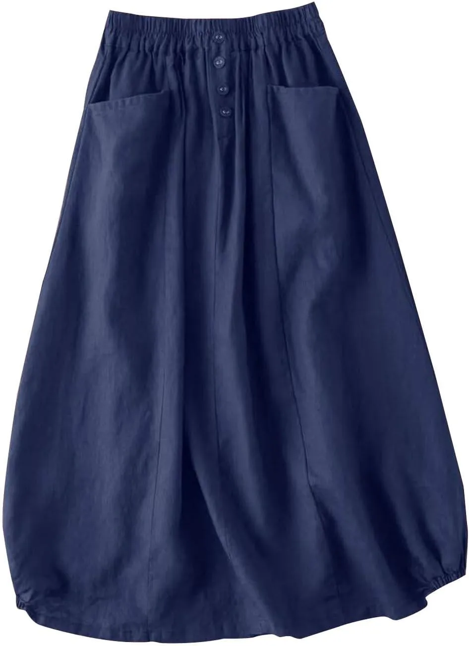 Women's Cotton Linen Skirts Elastic High Waist Button Pleated Midi Skirt with Pockets Casual Fashion Loose Fit Skirt