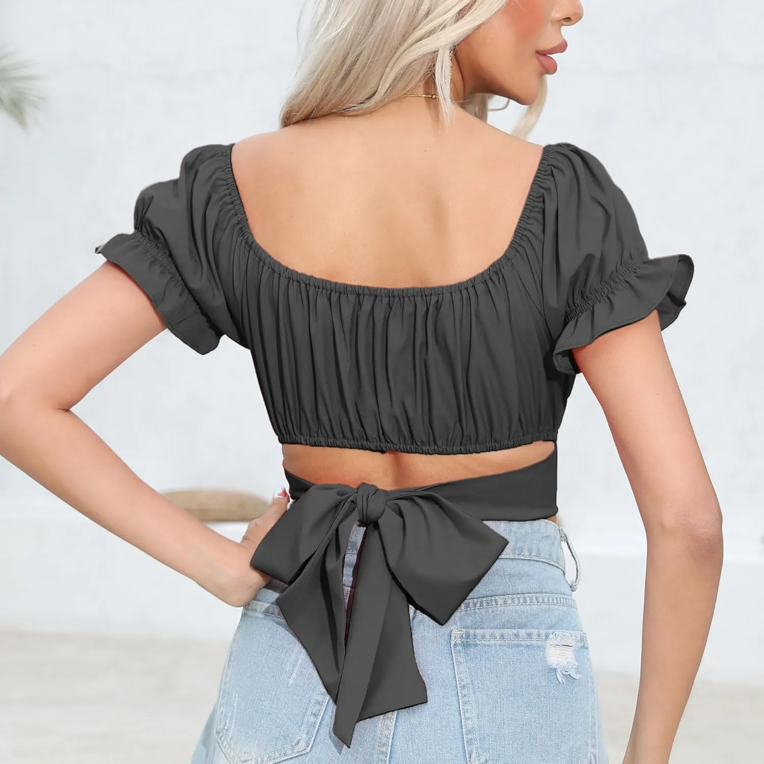 Women's Crop Tops Ruffle Short Sleeve Tie Back Summer Off Shoulder Top Blouse