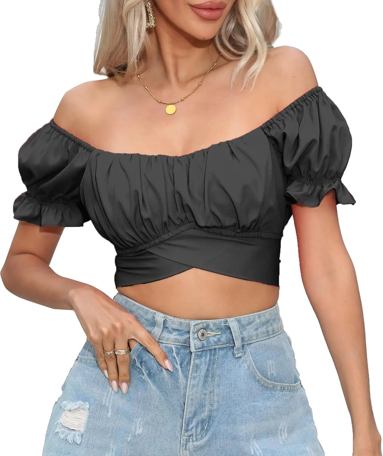 Women's Crop Tops Ruffle Short Sleeve Tie Back Summer Off Shoulder Top Blouse