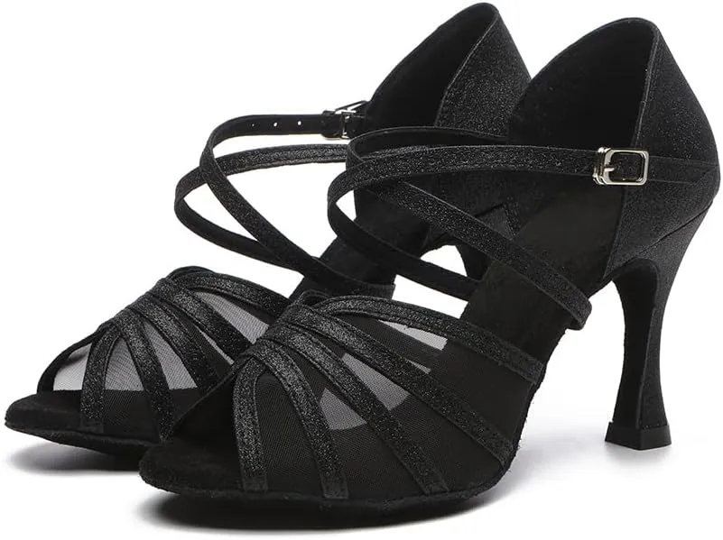 Womens Cross Strap Latin Dance Shoes Open Toe Suede Sole Ballroom Salsa Performance Dancing Shoes