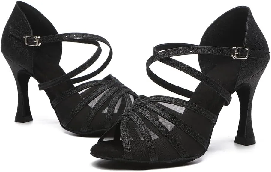 Womens Cross Strap Latin Dance Shoes Open Toe Suede Sole Ballroom Salsa Performance Dancing Shoes