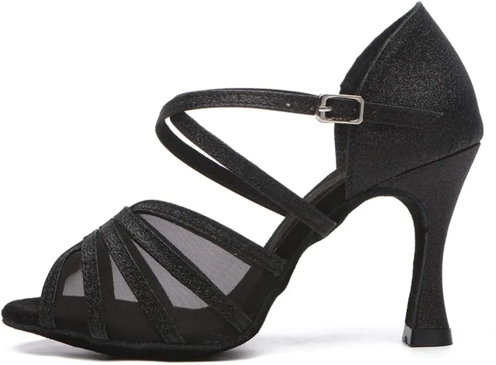 Womens Cross Strap Latin Dance Shoes Open Toe Suede Sole Ballroom Salsa Performance Dancing Shoes