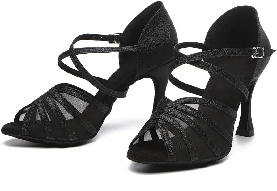 Womens Cross Strap Latin Dance Shoes Open Toe Suede Sole Ballroom Salsa Performance Dancing Shoes