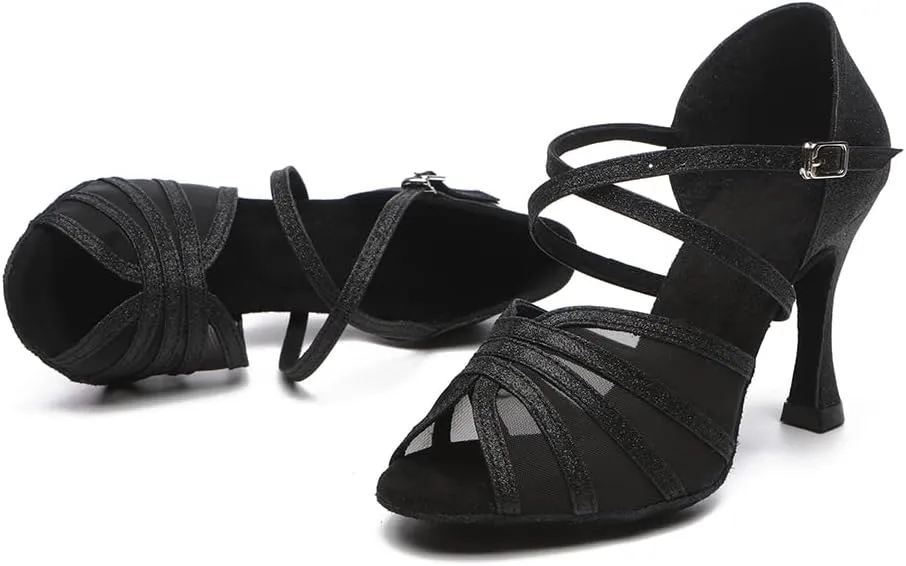 Womens Cross Strap Latin Dance Shoes Open Toe Suede Sole Ballroom Salsa Performance Dancing Shoes