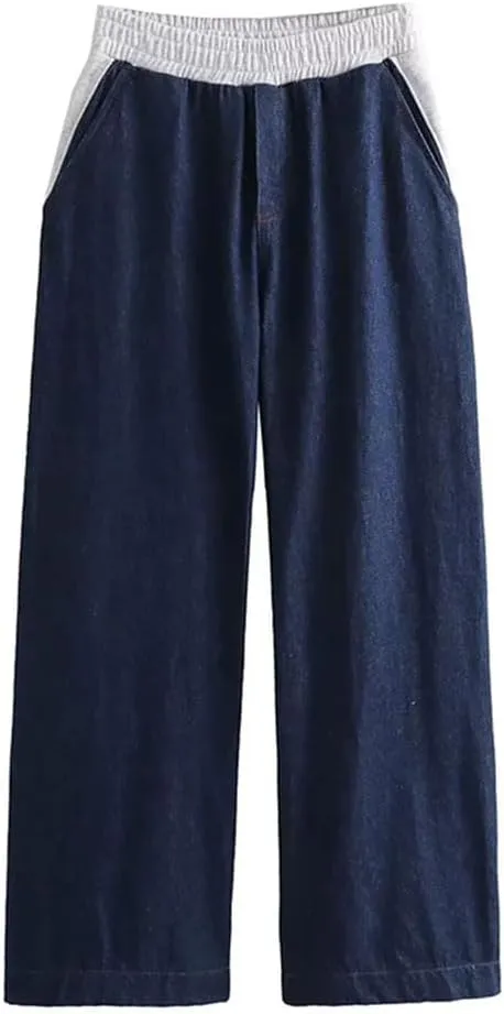 Women's Denim Patchwork Pleated Wide Leg Pants Vintage High Elastic Waist Full Length Trousers