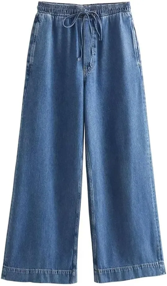 Women's Denim Solid Lace Up Straight Pants Vintage High Elastic Waist Full Length Trousers