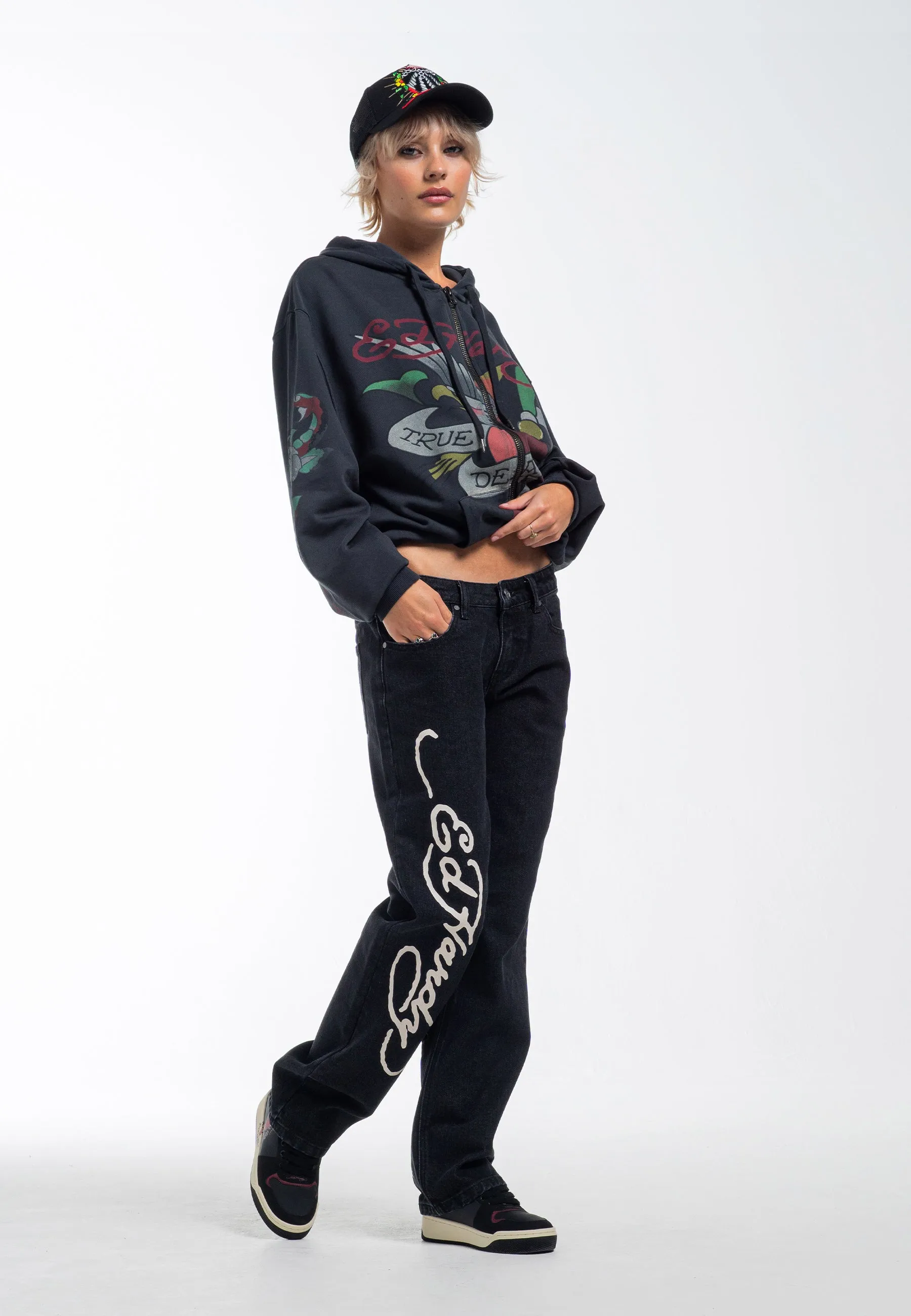 Womens Dragon Flame Straight Leg Denim Trousers Jeans - Black