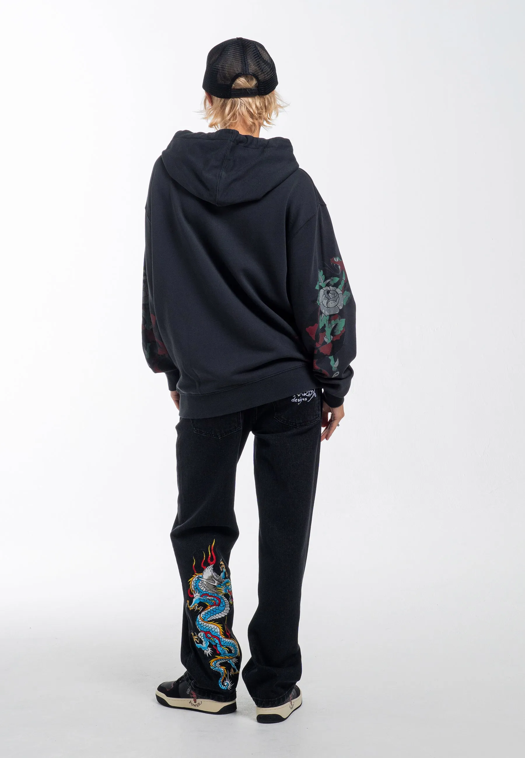 Womens Dragon Flame Straight Leg Denim Trousers Jeans - Black