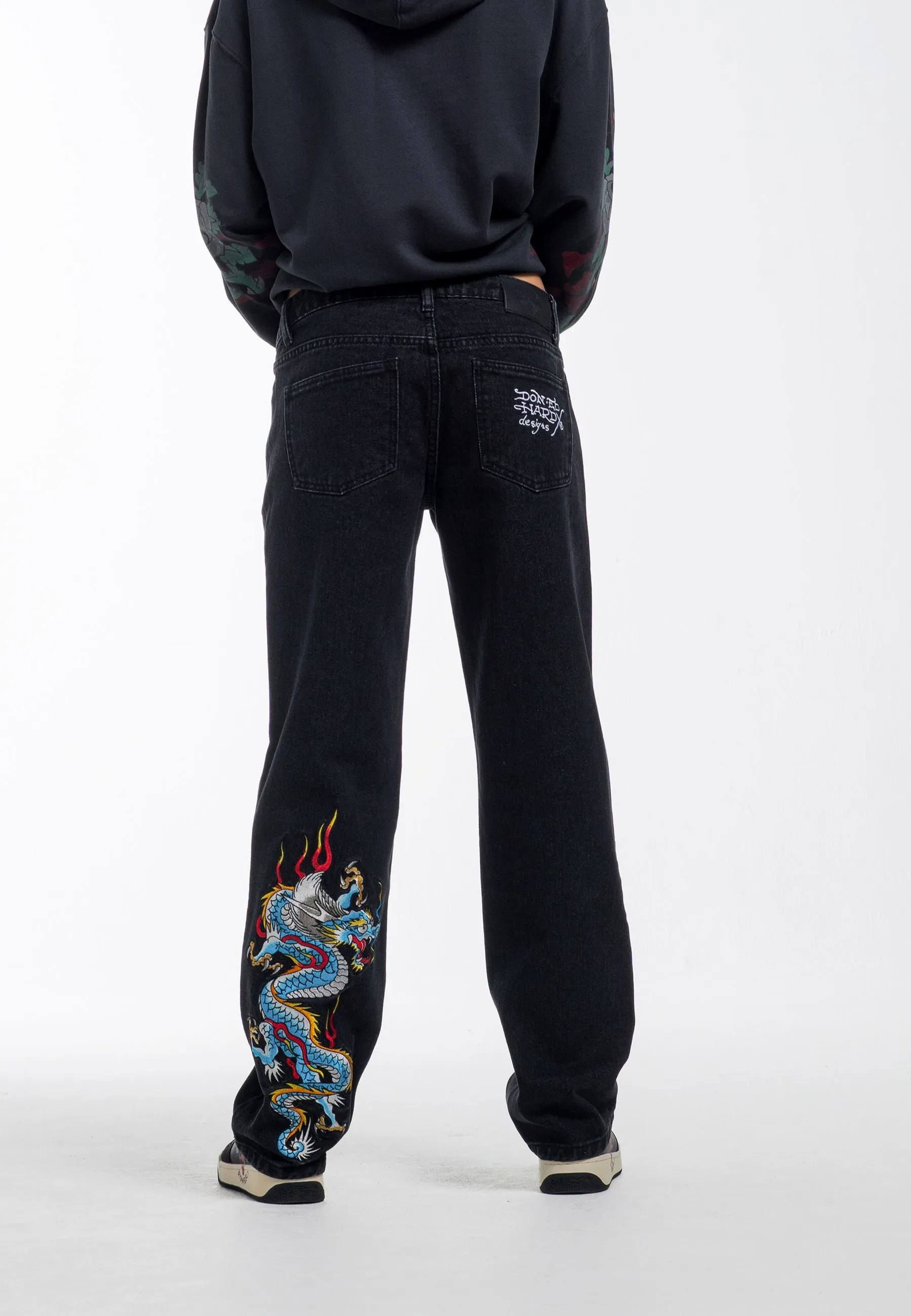 Womens Dragon Flame Straight Leg Denim Trousers Jeans - Black