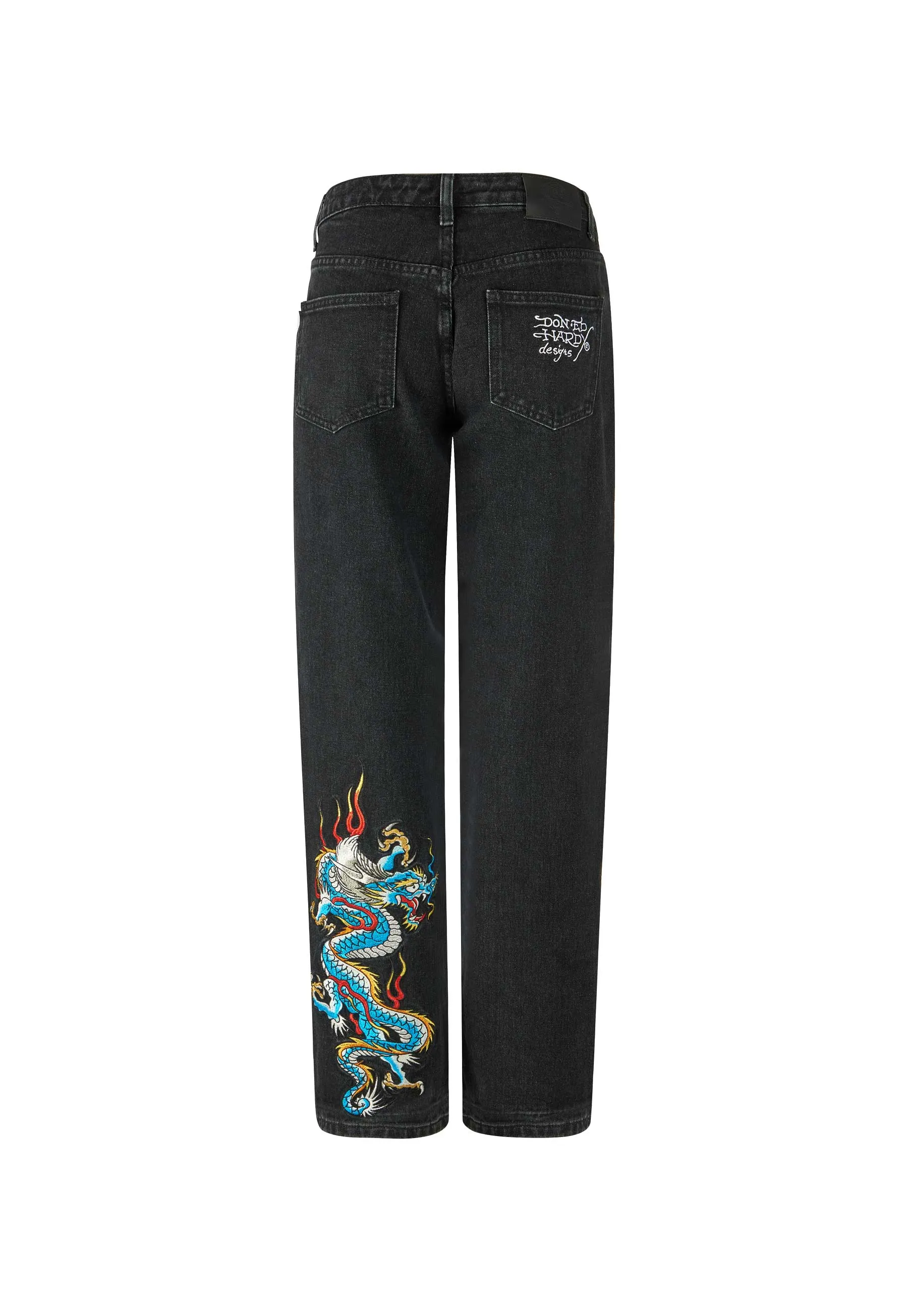 Womens Dragon Flame Straight Leg Denim Trousers Jeans - Black