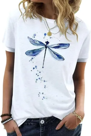 Women's Dragonfly Graphic Tees Trendy Casual Loose Summer Funny Cute Printed Short Sleeve Shirts Tops