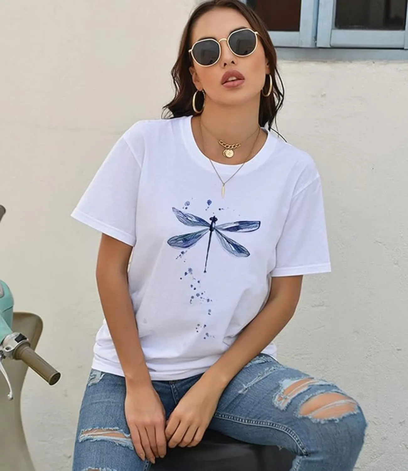 Women's Dragonfly Graphic Tees Trendy Casual Loose Summer Funny Cute Printed Short Sleeve Shirts Tops