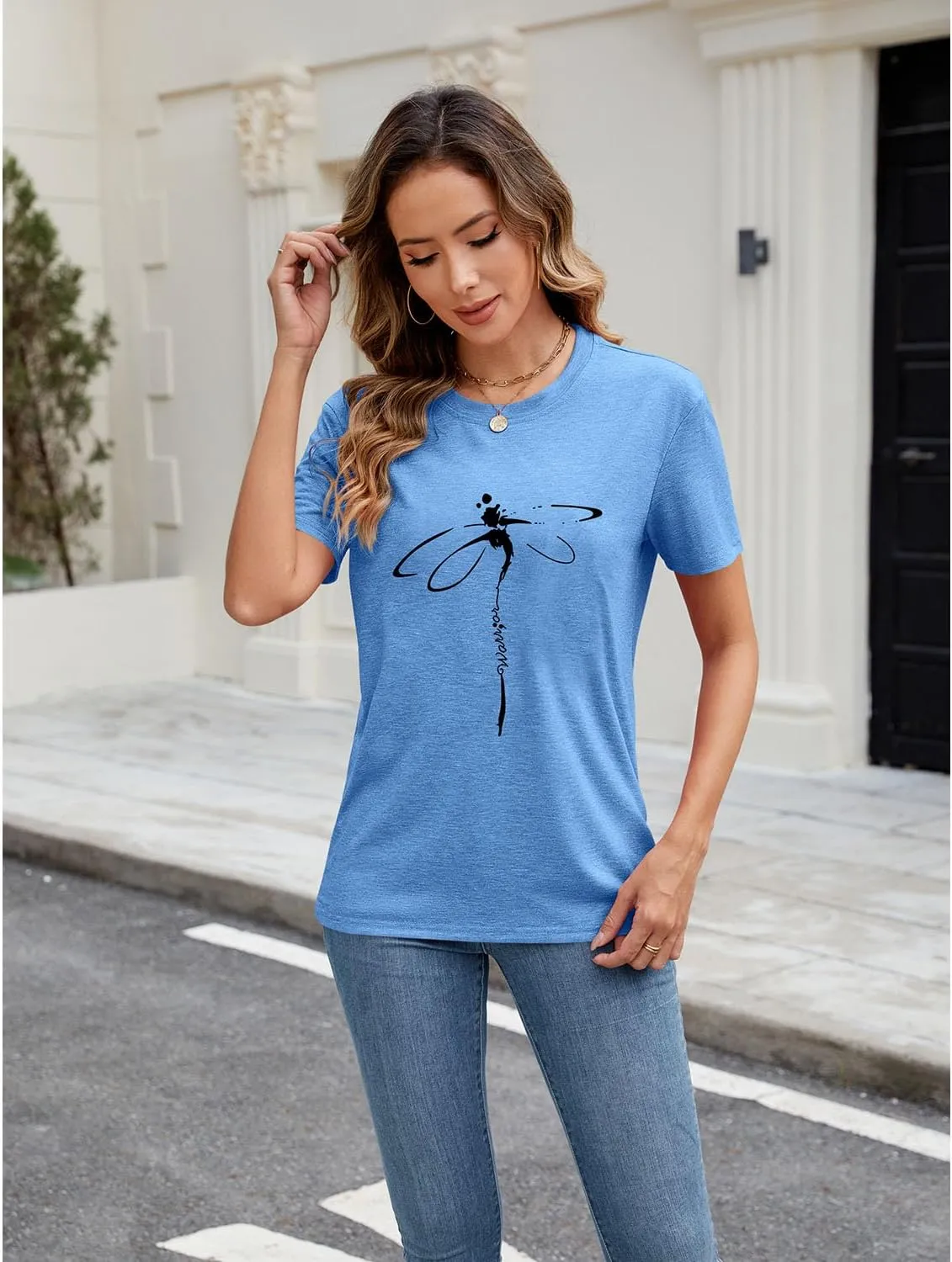 Women's Dragonfly Graphic Tees Trendy Casual Loose Summer Funny Cute Printed Short Sleeve Shirts Tops