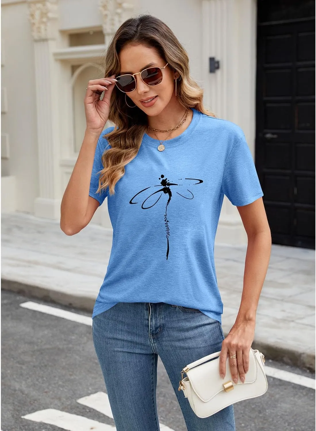Women's Dragonfly Graphic Tees Trendy Casual Loose Summer Funny Cute Printed Short Sleeve Shirts Tops