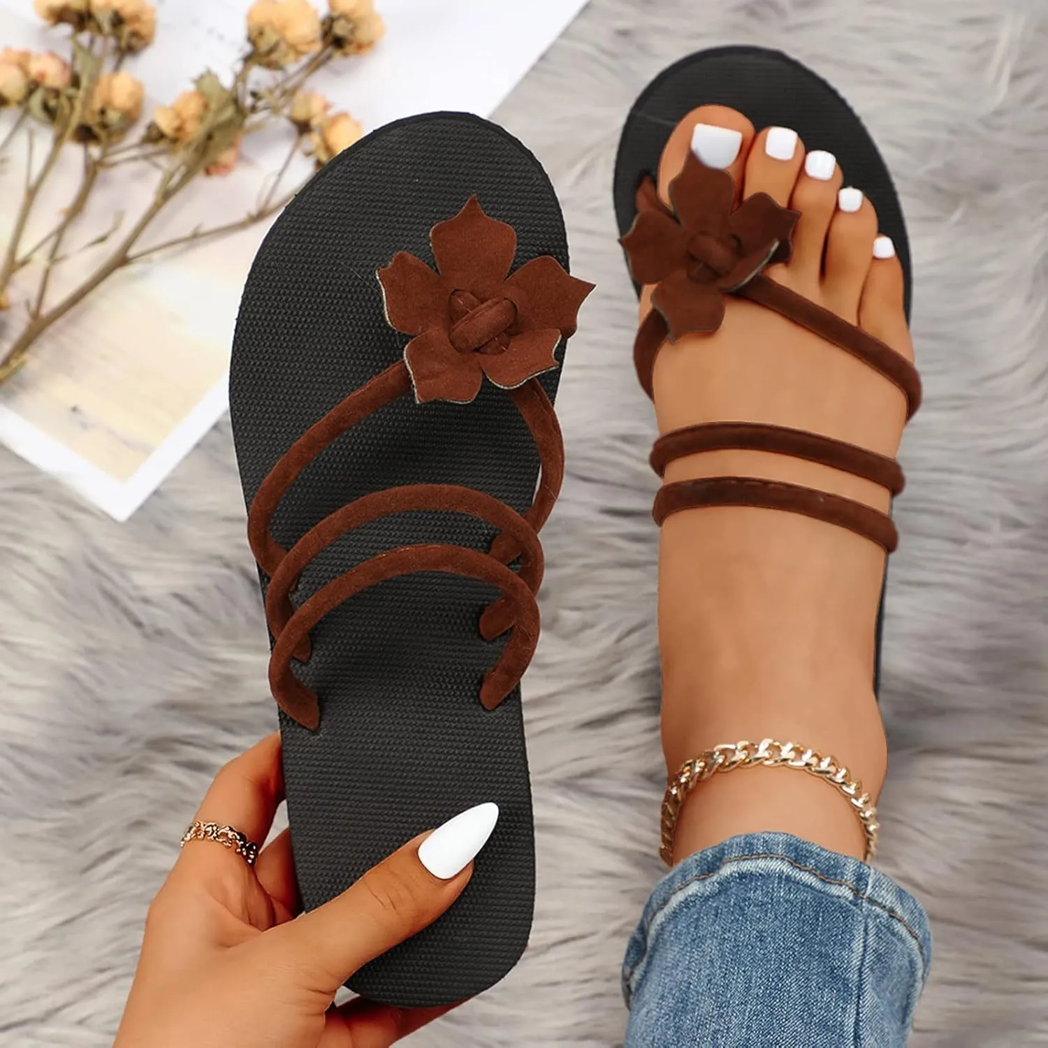 Womens Flat Sandals Summer Beach Comfortable Slides Slip On Open Toe Dressy Leather Memory Foam Vacation Support