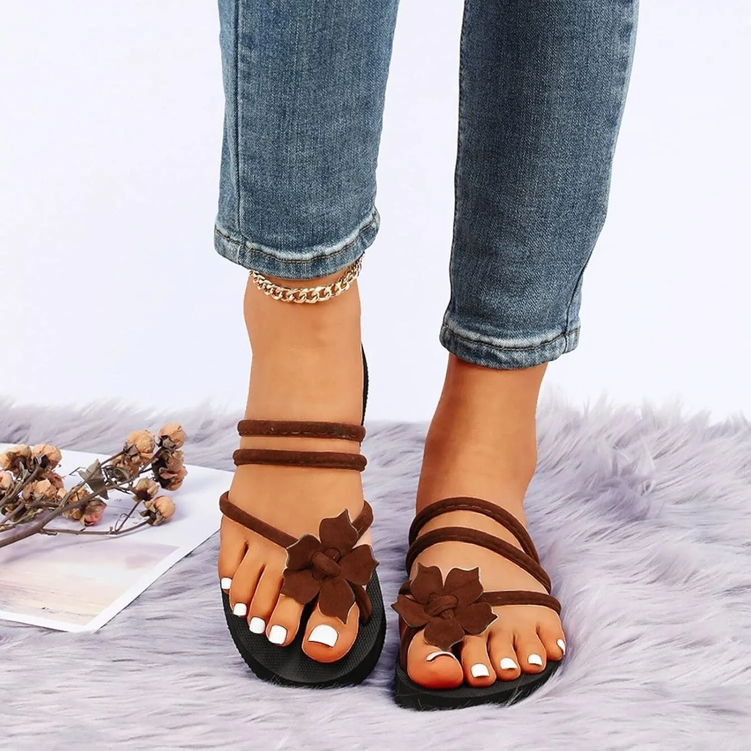 Womens Flat Sandals Summer Beach Comfortable Slides Slip On Open Toe Dressy Leather Memory Foam Vacation Support