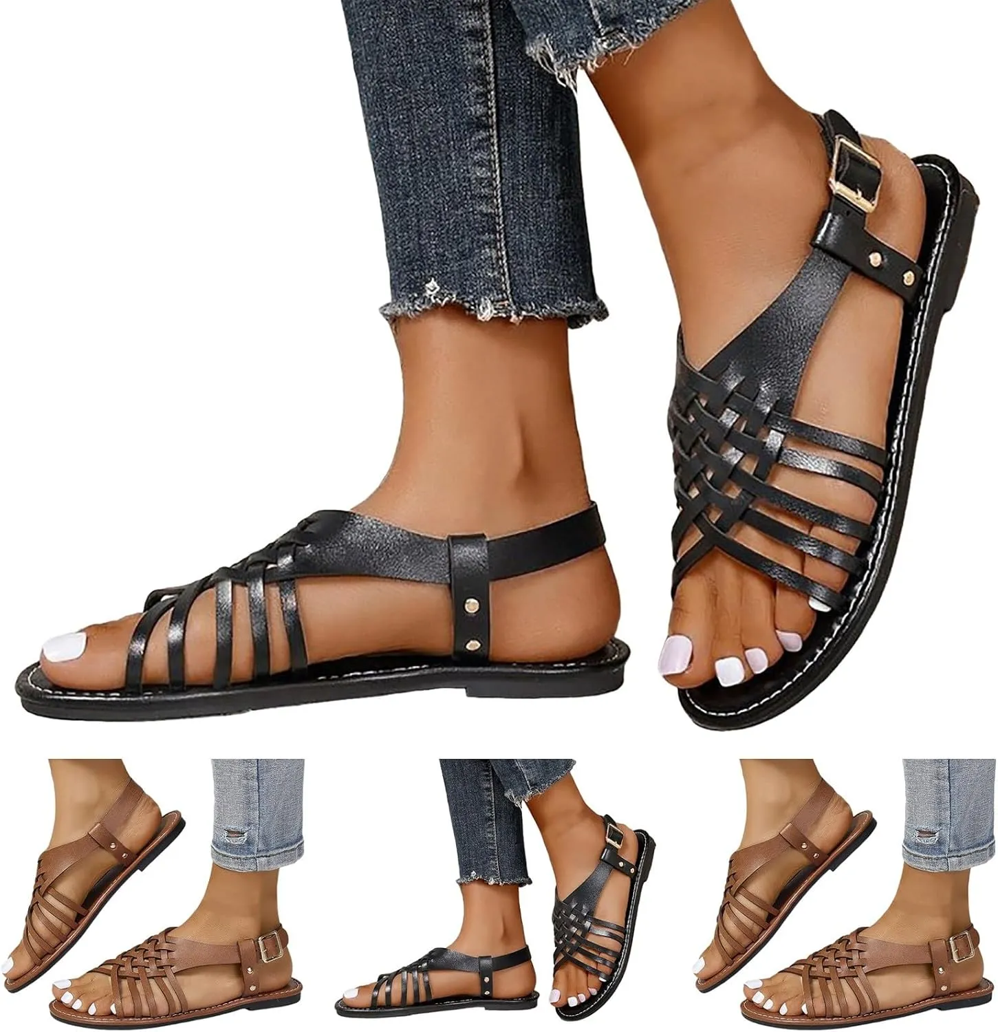 Women's Flat Summer Sandals for Daily Work and Comfort Outdoor Walking,Women's Durable Leather Sandals for Summer Beach,Breatableb,Lightweight,Water Friendly and Non Slip