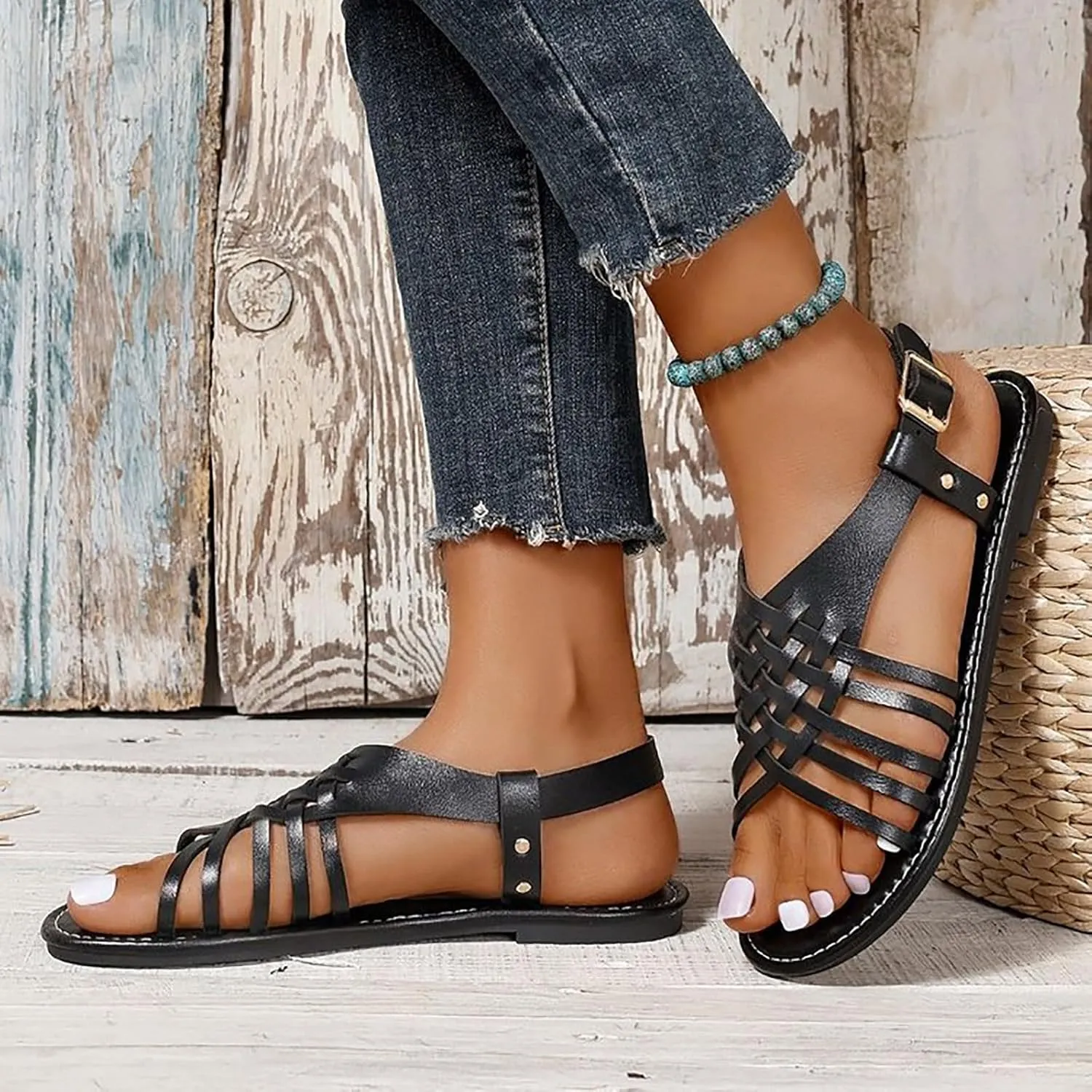 Women's Flat Summer Sandals for Daily Work and Comfort Outdoor Walking,Women's Durable Leather Sandals for Summer Beach,Breatableb,Lightweight,Water Friendly and Non Slip