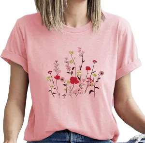 Women's Floral Wildflower Graphic T Shirt Summer Flower Casual Loose Top Cottagecore Short Sleeve Shirts Tees
