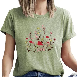 Women's Floral Wildflower Graphic T Shirt Summer Flower Casual Loose Top Cottagecore Short Sleeve Shirts Tees