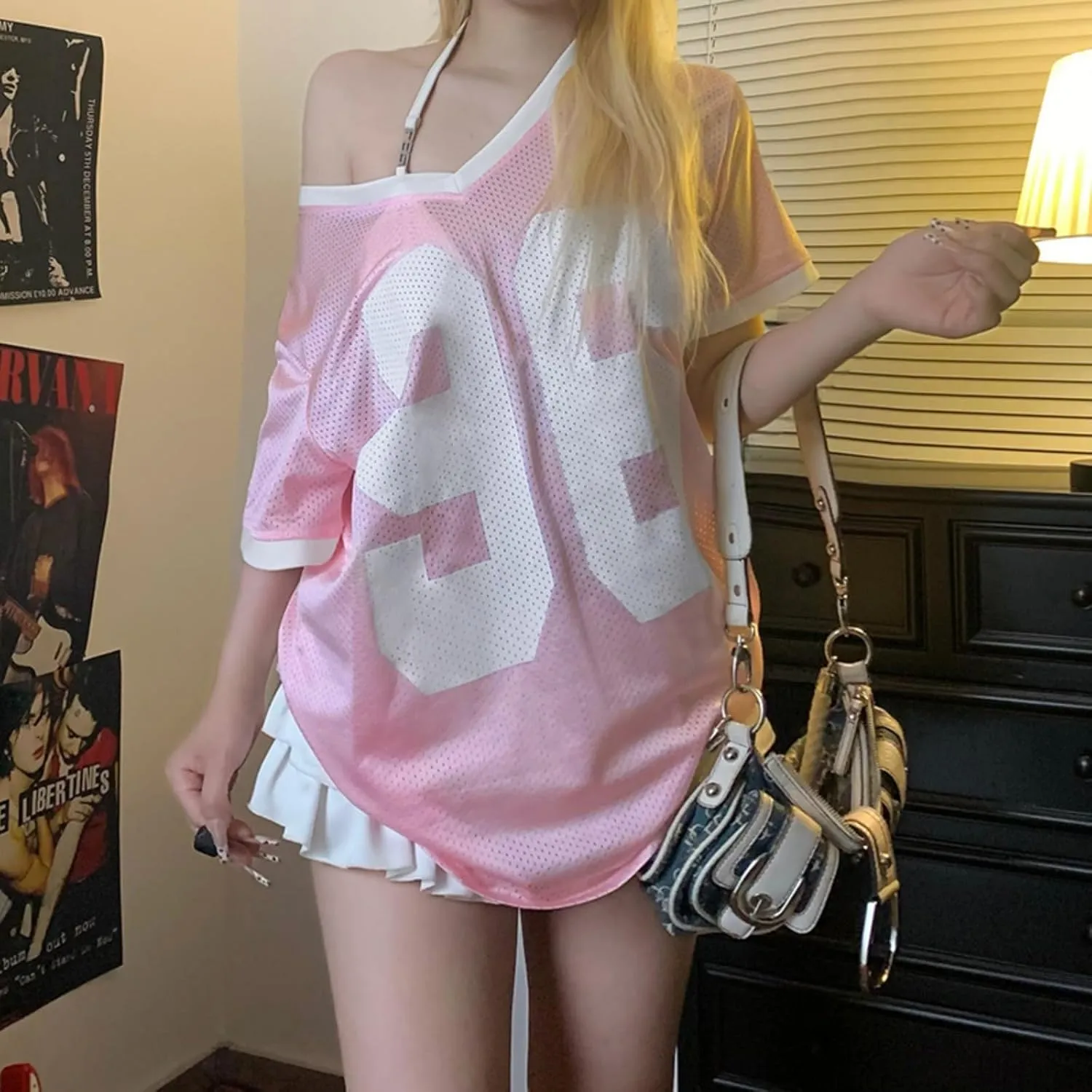 Womens Graphic Tees - Oversized Jersey Summer Top Jersey Top Coquette Clothes Y2k Streetwear Short Sleeve Shirts