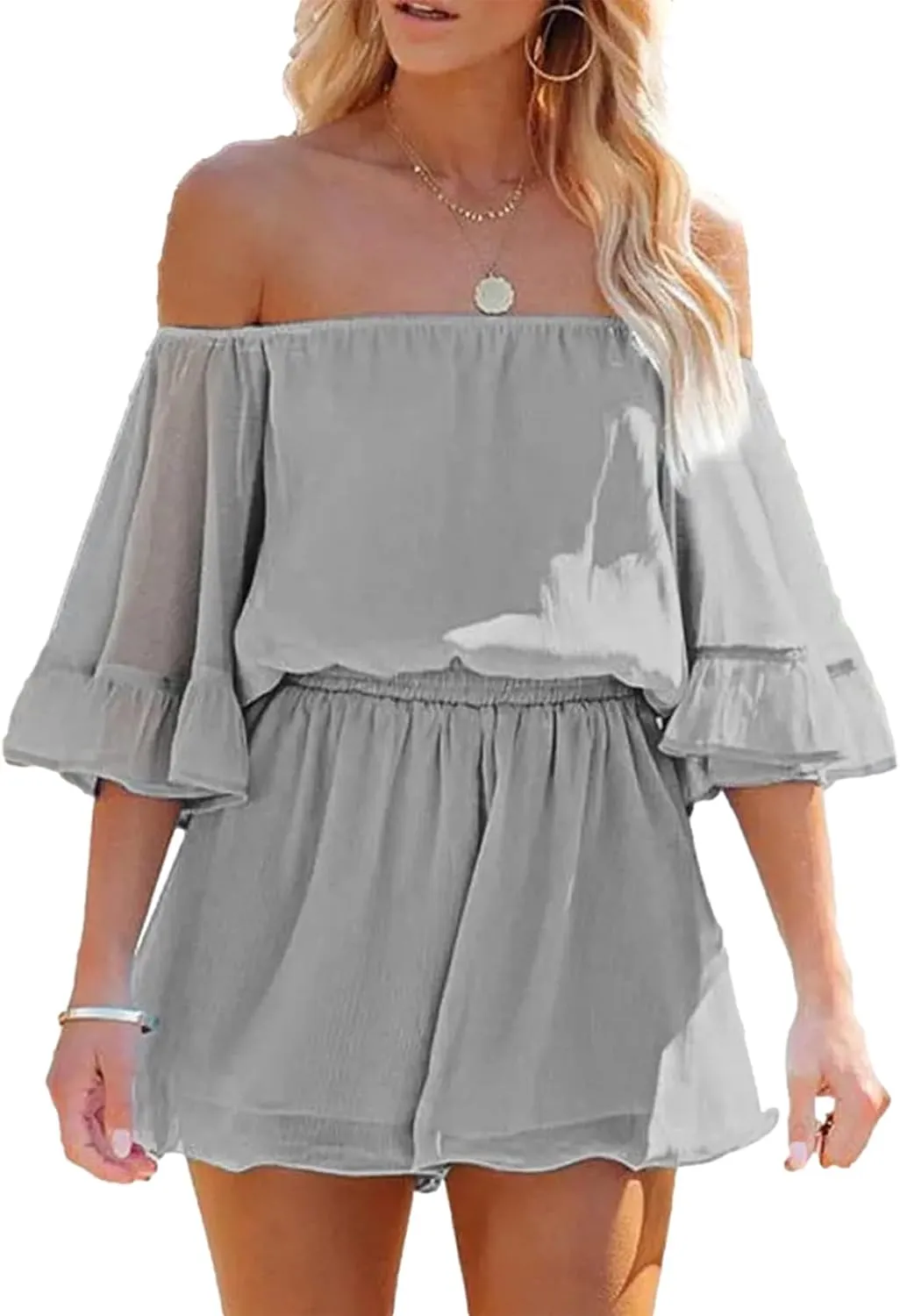 Womens Jumpsuit Off Shoulder Ruffle Sleeve Short Rompers Playsuits