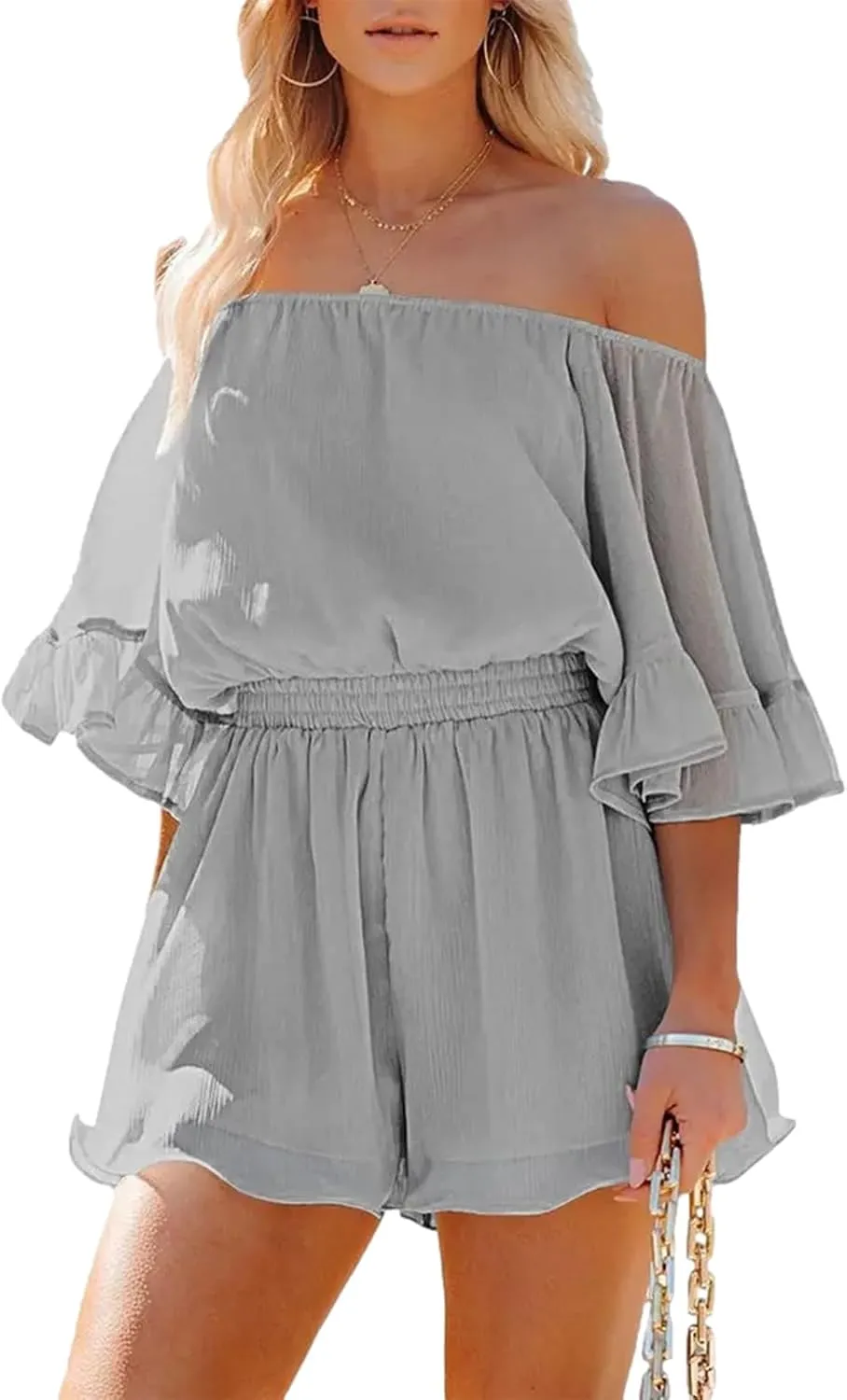 Womens Jumpsuit Off Shoulder Ruffle Sleeve Short Rompers Playsuits
