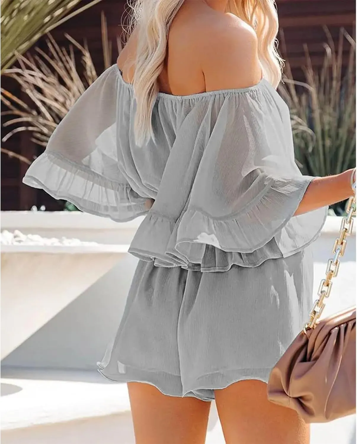 Womens Jumpsuit Off Shoulder Ruffle Sleeve Short Rompers Playsuits