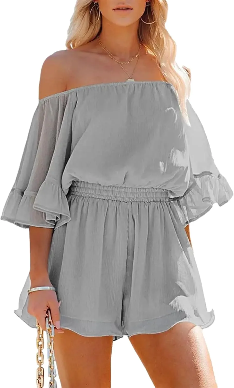 Womens Jumpsuit Off Shoulder Ruffle Sleeve Short Rompers Playsuits