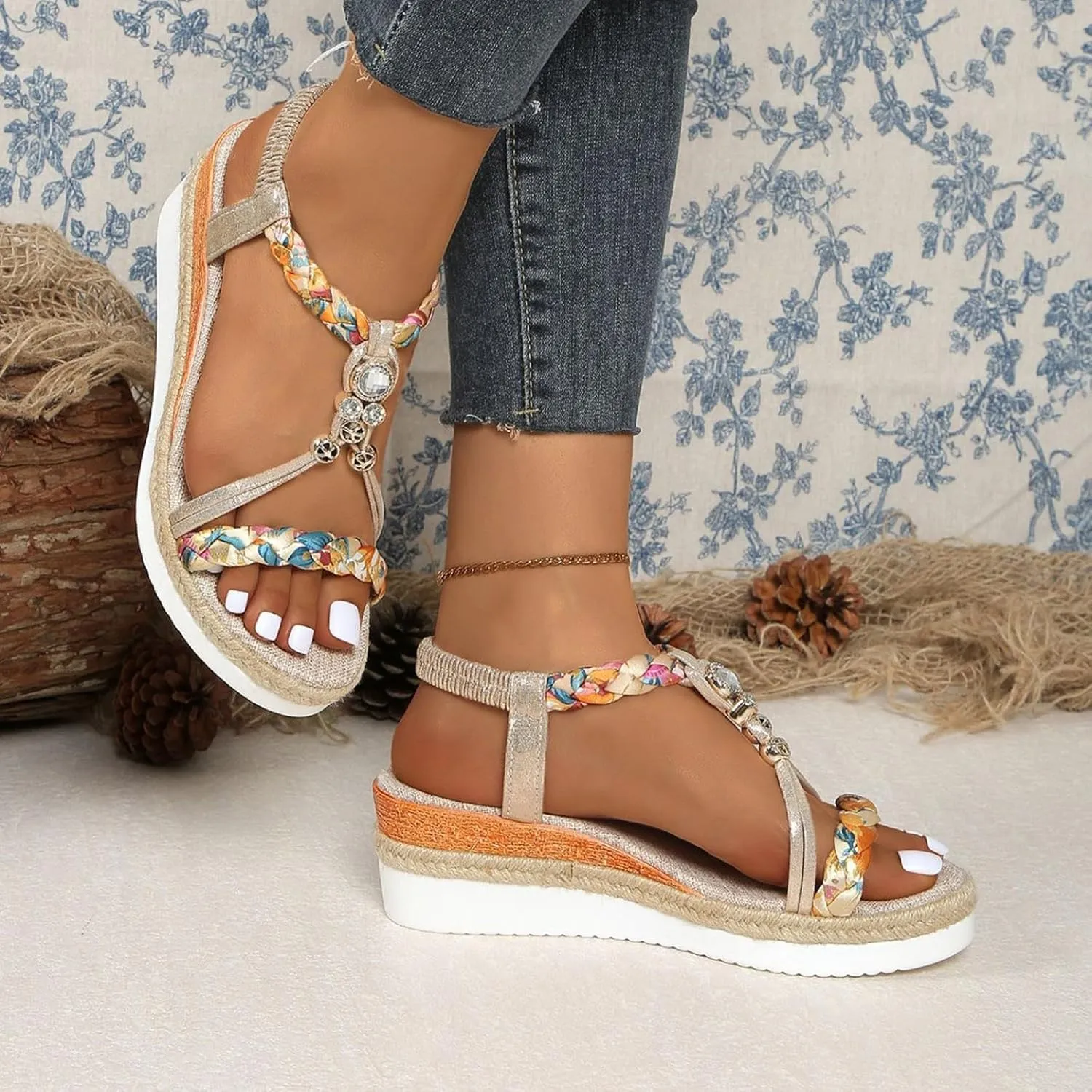 Womens Low Heels Wedge Sandals Wide Width Platform Bohemia Sandals Summer Slip On Elastic Ankle Strap Dress Shoes Non Slip Beach Slides