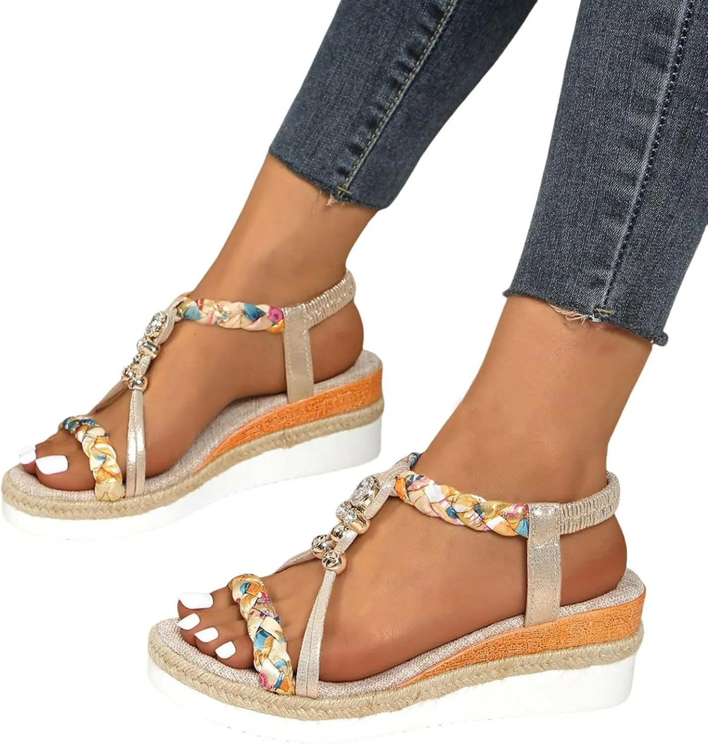 Womens Low Heels Wedge Sandals Wide Width Platform Bohemia Sandals Summer Slip On Elastic Ankle Strap Dress Shoes Non Slip Beach Slides