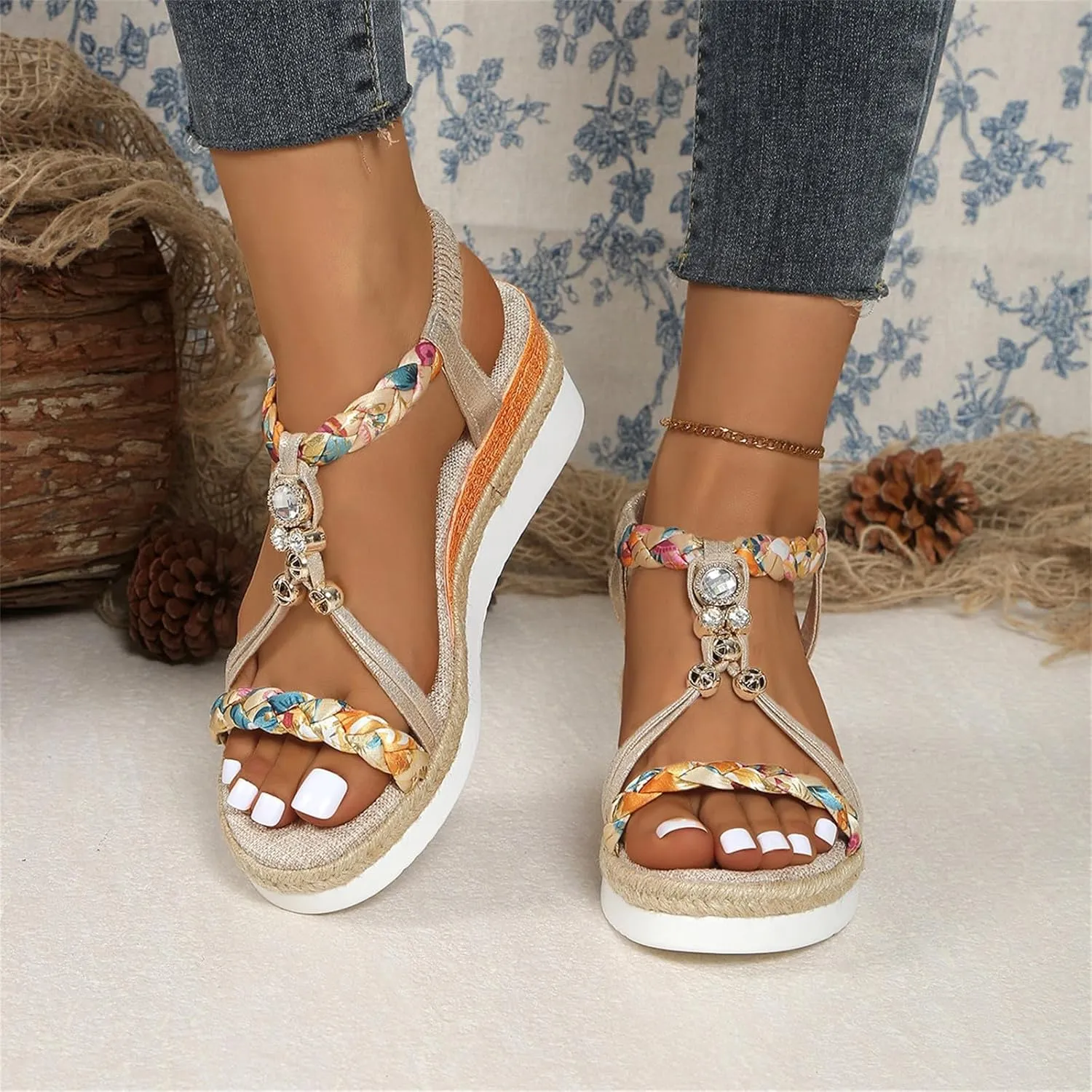 Womens Low Heels Wedge Sandals Wide Width Platform Bohemia Sandals Summer Slip On Elastic Ankle Strap Dress Shoes Non Slip Beach Slides
