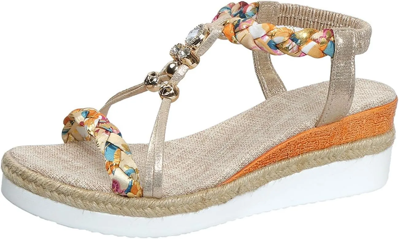 Womens Low Heels Wedge Sandals Wide Width Platform Bohemia Sandals Summer Slip On Elastic Ankle Strap Dress Shoes Non Slip Beach Slides