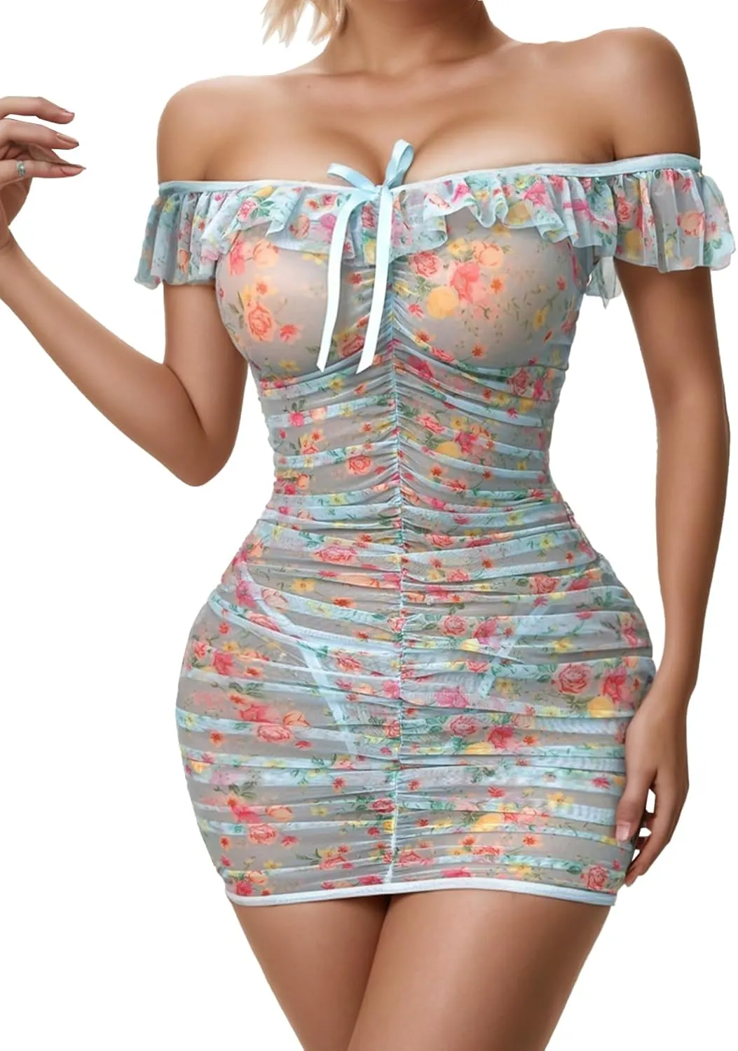 Women's Off Shoulder Mesh Nightwear Lingerie Dress