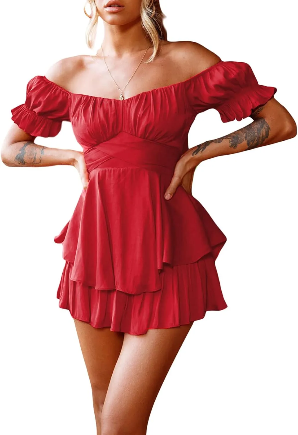 Womens off Shoulder Romper Dress Cute Tiered Ruffle Hem Jumpsuit Playsuit Flowy Pirate Mini Dress